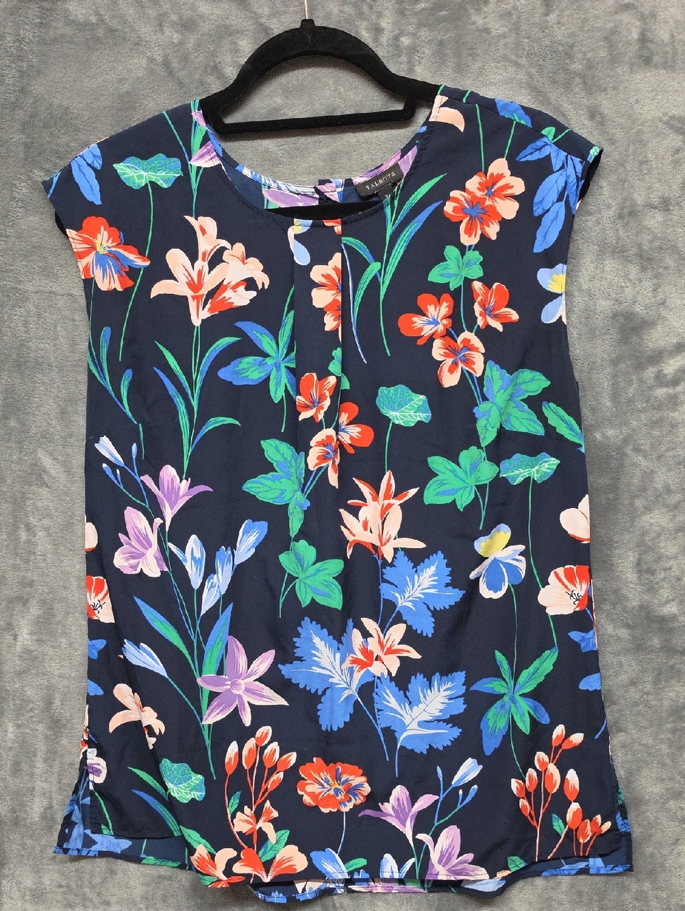 Talbots Navy Floral Cap-Sleeve Tunic with Bright Multi-Color Blooms